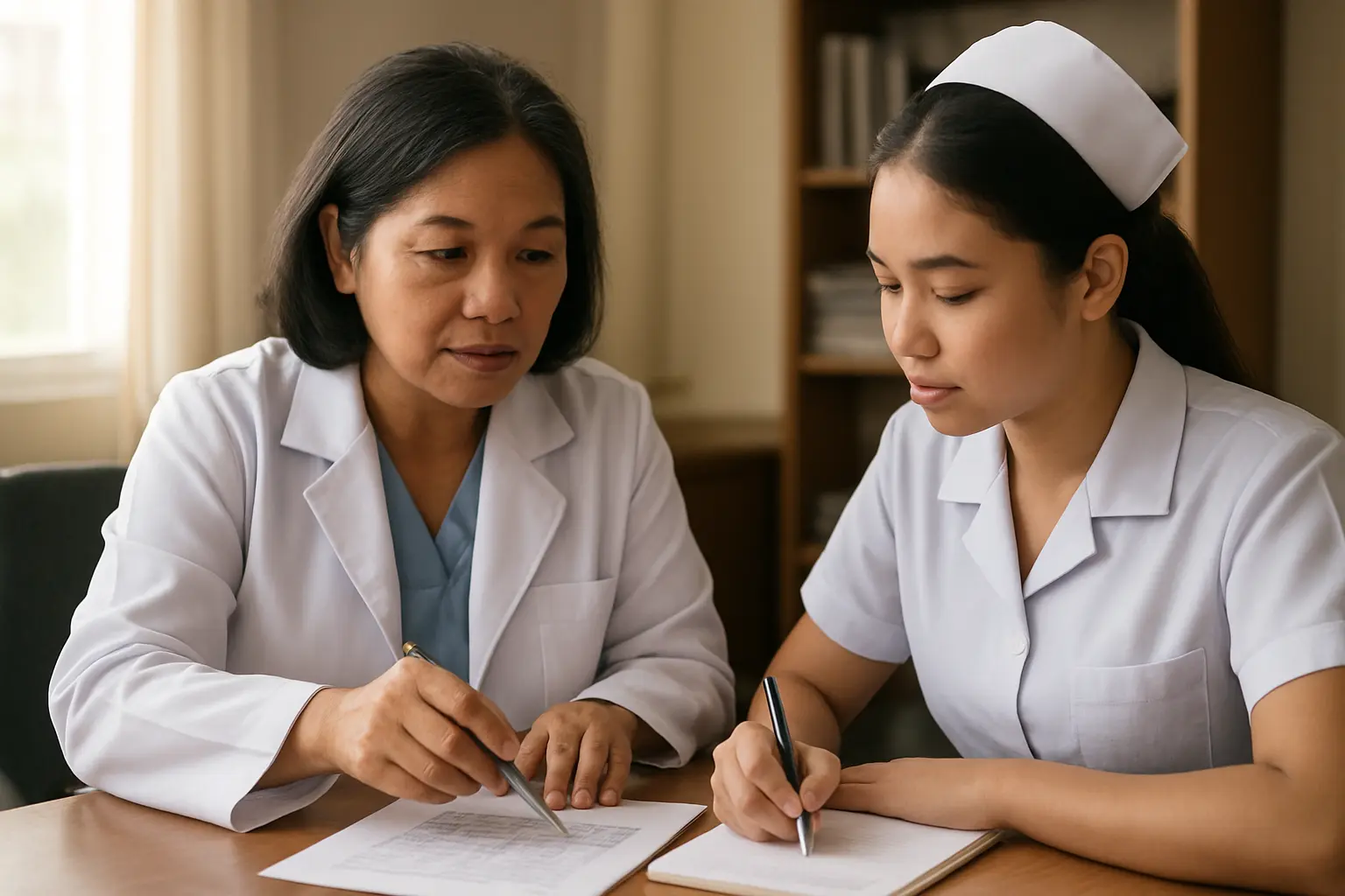 A nursing thesis adviser pointing at a two-by-two results table on a printed page while a student takes notes