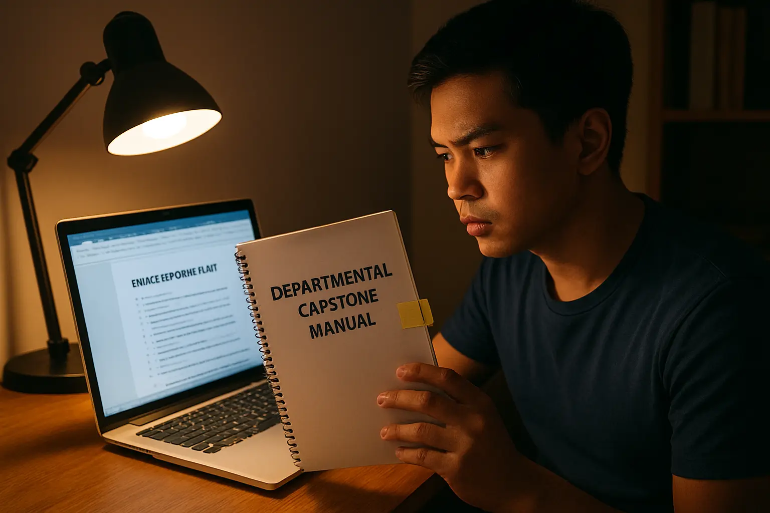 An IT capstone student comparing a printed departmental manual against the reference list on a laptop screen