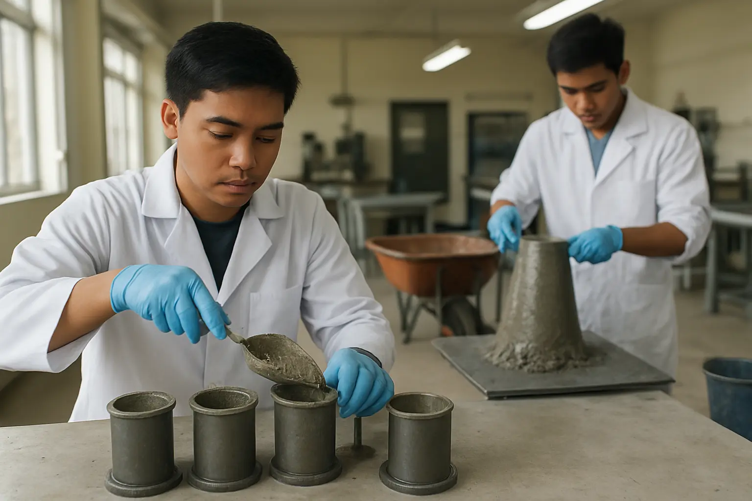 A Filipino civil engineering student filling cylinder moulds with fresh concrete on a laboratory bench while a groupmate performs a slump test beside them