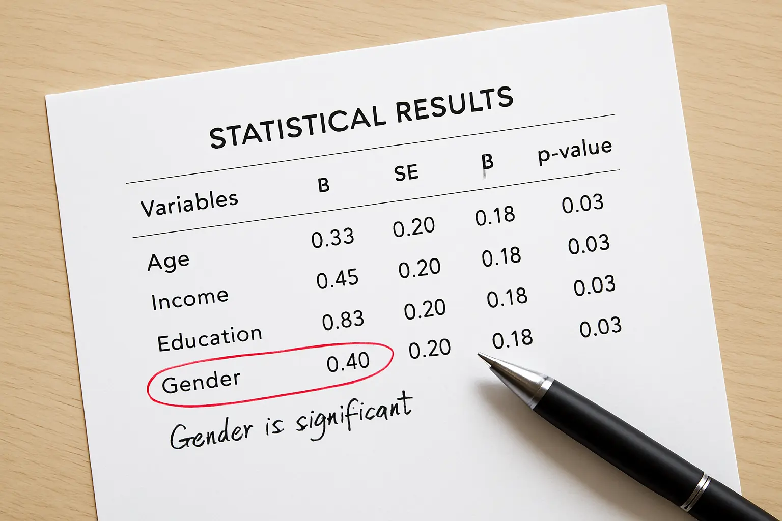 A printed results table with one row circled in red pen and a handwritten interpretation beside it