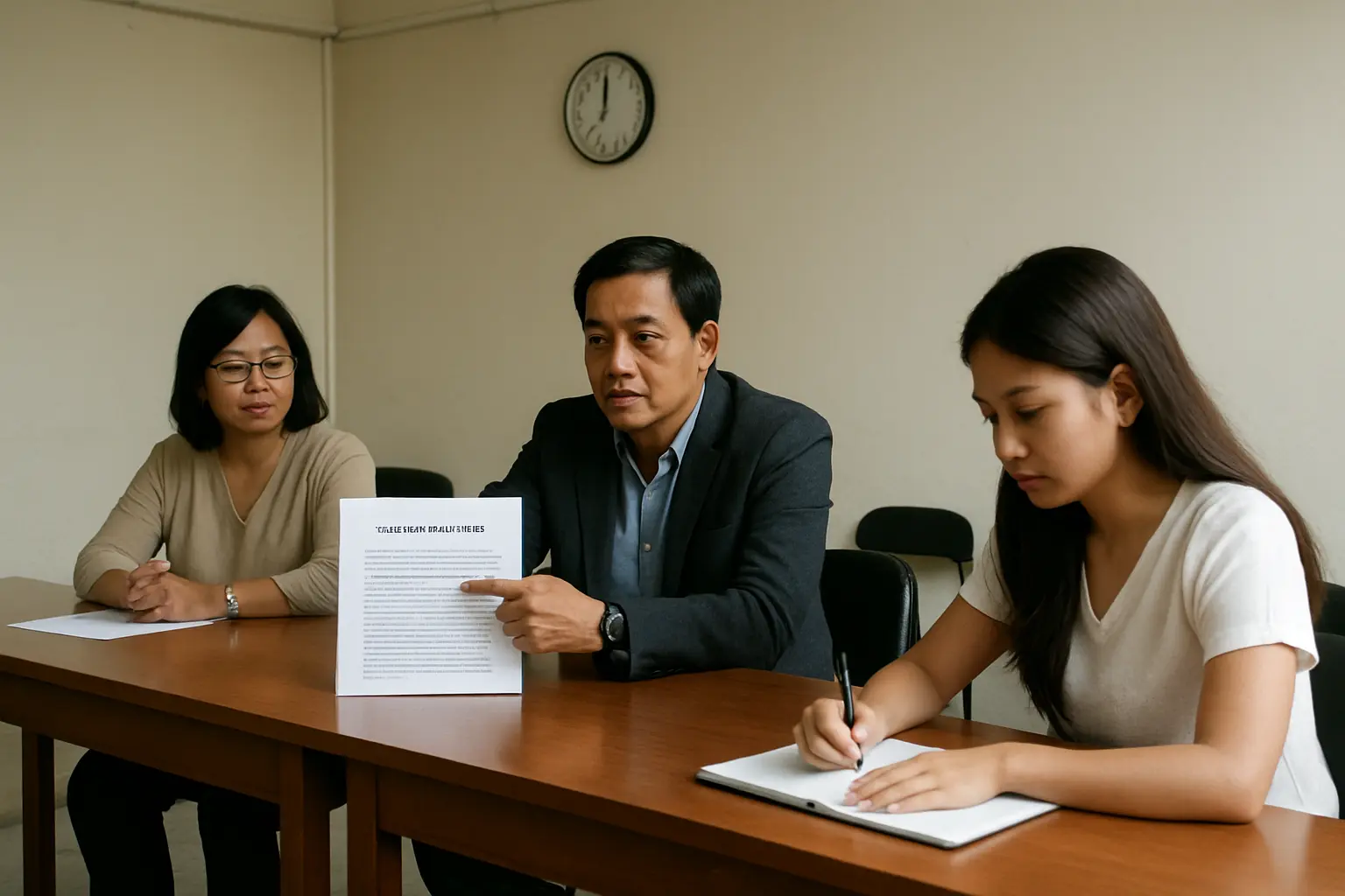 A thesis panellist pointing at the recommendations page of a manuscript while the student takes notes