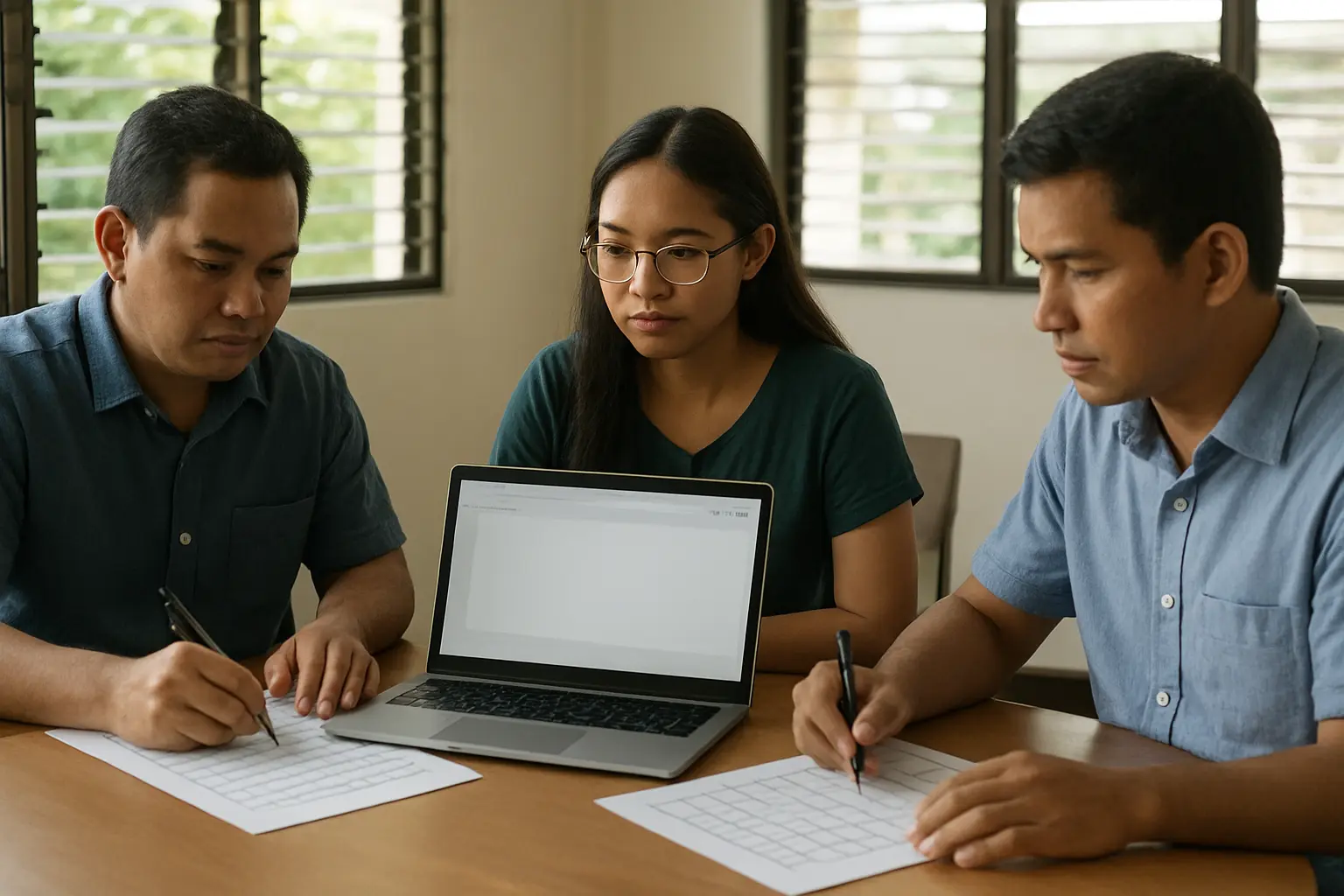 Three IT faculty members rating a capstone system on a printed characteristic-by-characteristic evaluation sheet beside a laptop showing the application