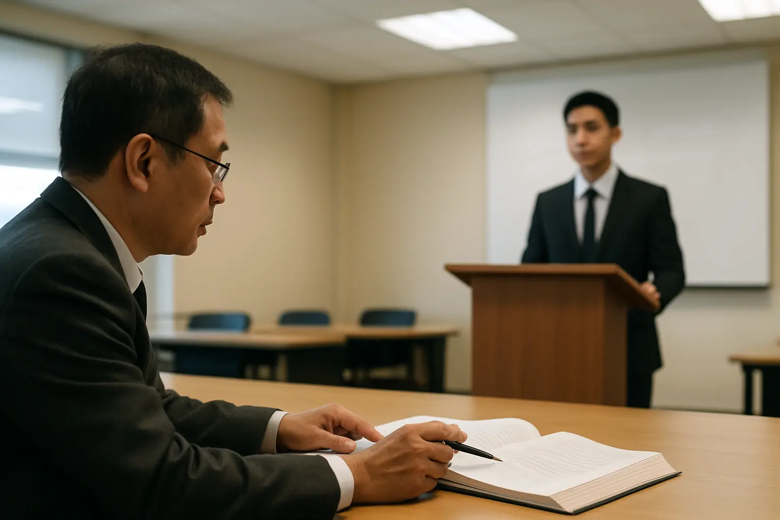 A thesis panel member pointing at the theoretical framework page of a bound education thesis while the student answers