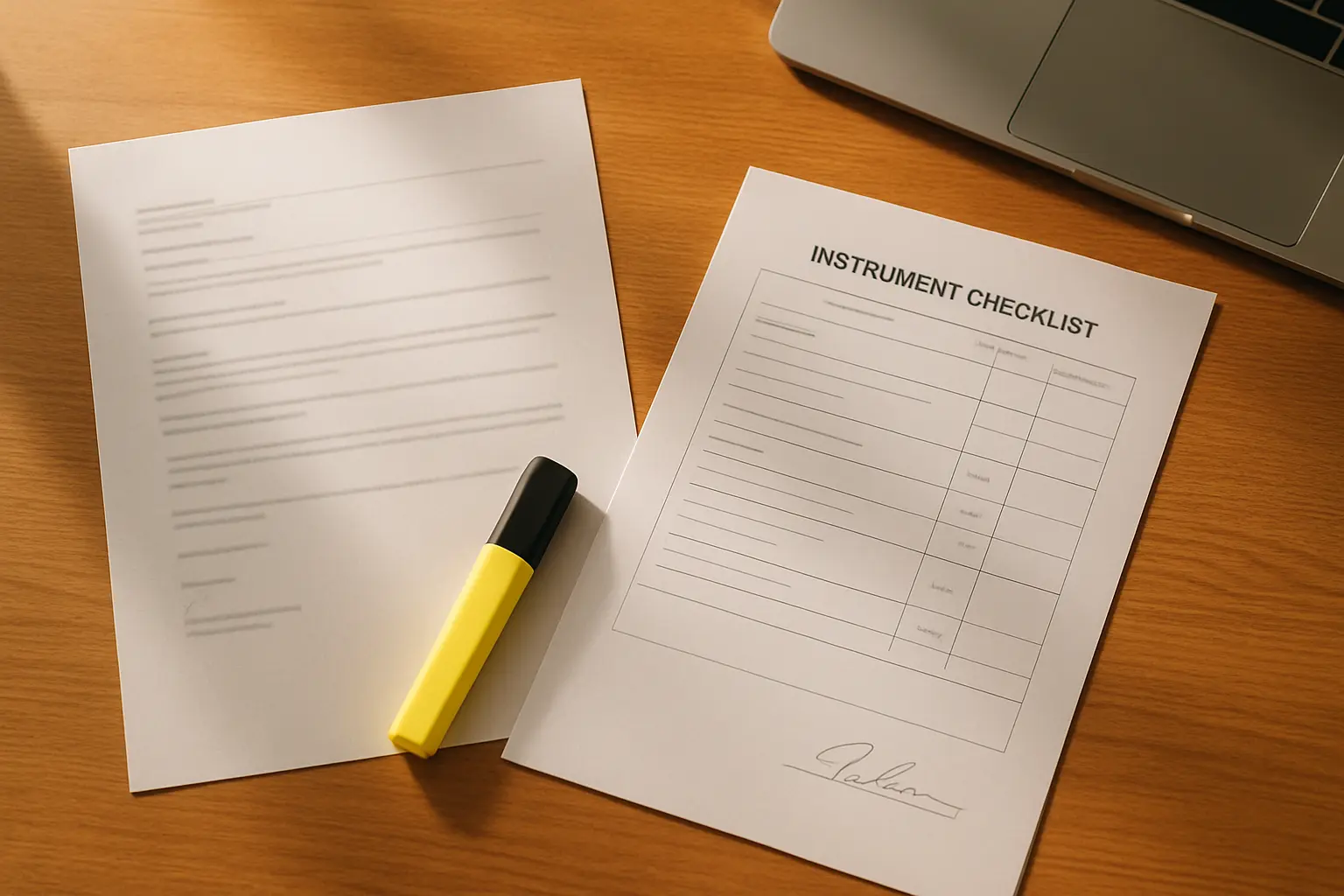A printed permission email from a scale author filed beside a signed instrument checklist on a student's desk