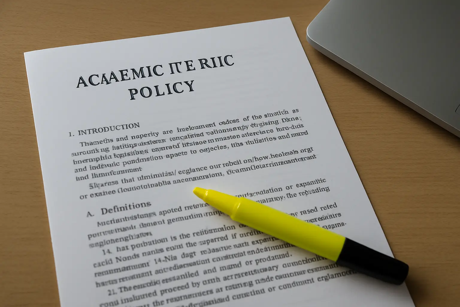 A printed university academic integrity policy with one clause highlighted beside a closed laptop