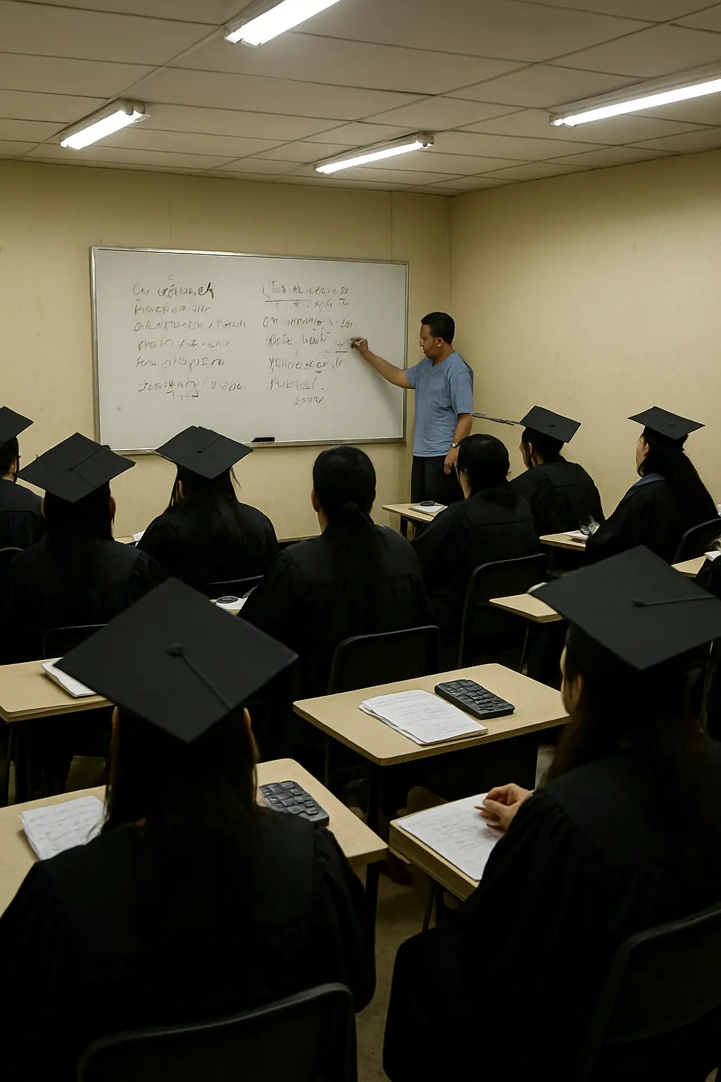 A Filipino licensure review class with graduates seated at desks and an instructor at the whiteboard