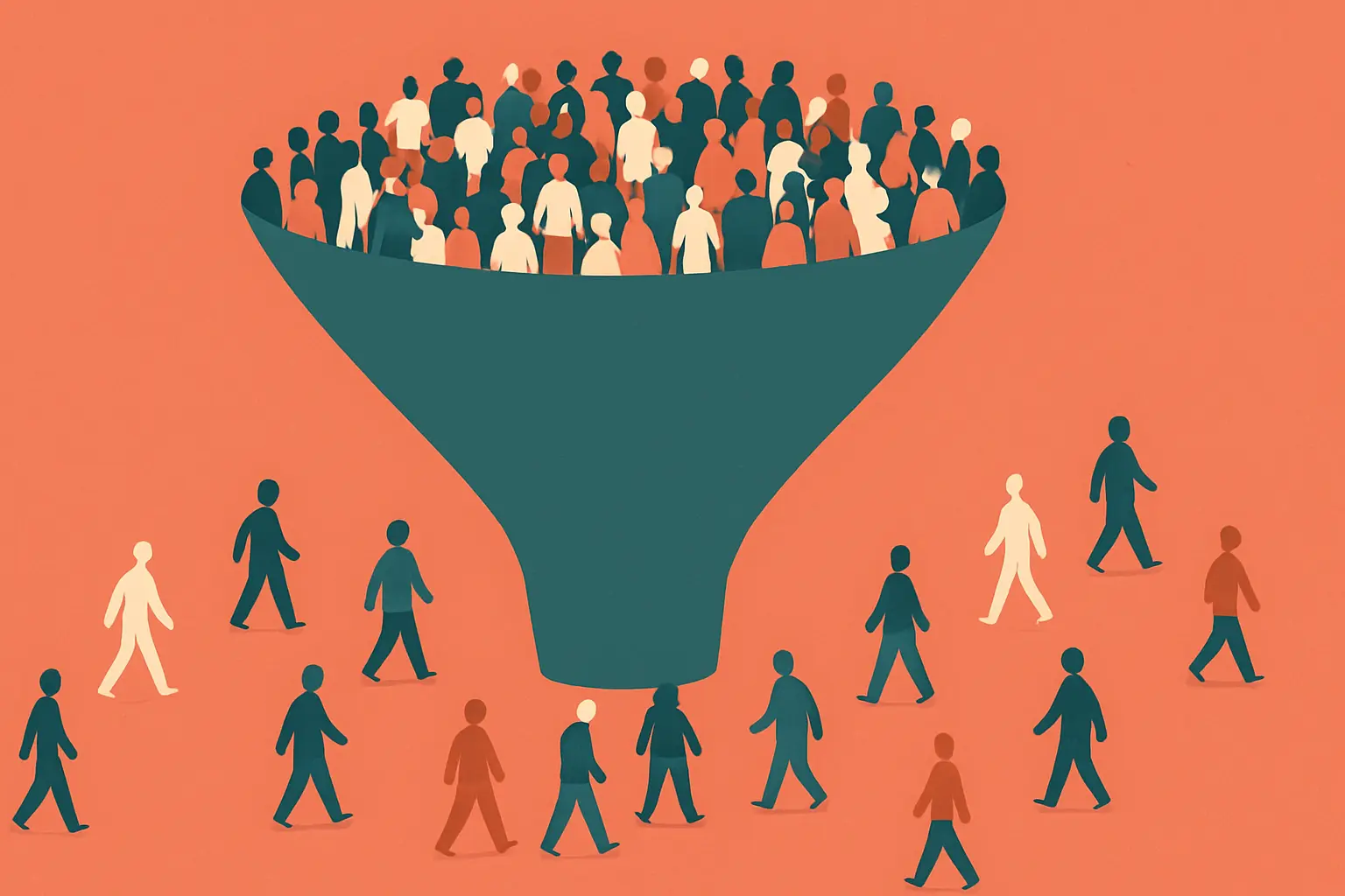 Flat vector illustration of a large entering cohort narrowing sharply through attrition