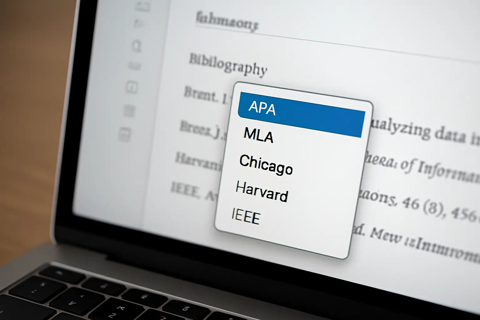 A reference manager on screen with the citation style dropdown open, reformatting a bibliography