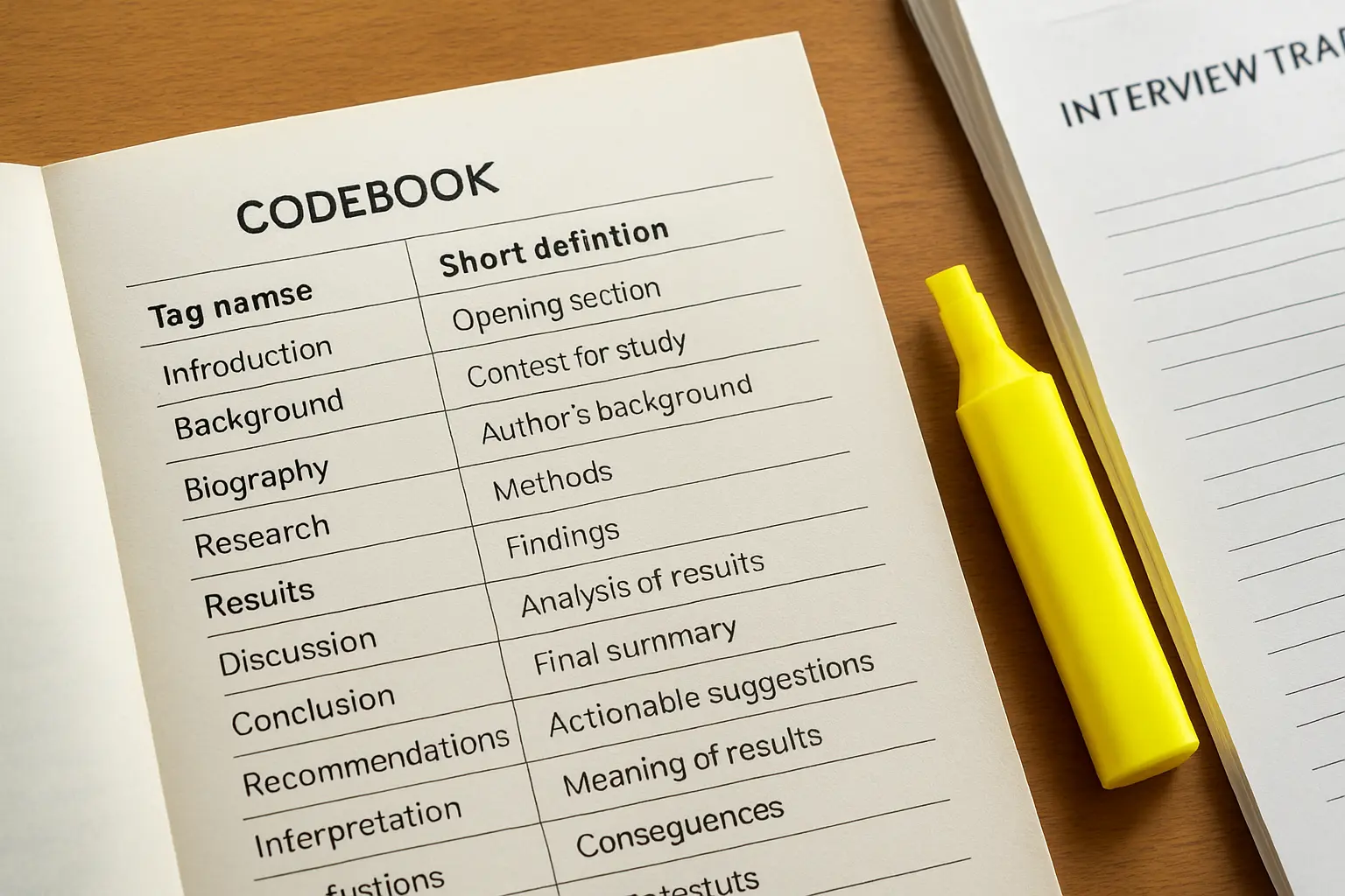 A printed codebook table of tag names and definitions beside a stack of interview transcripts