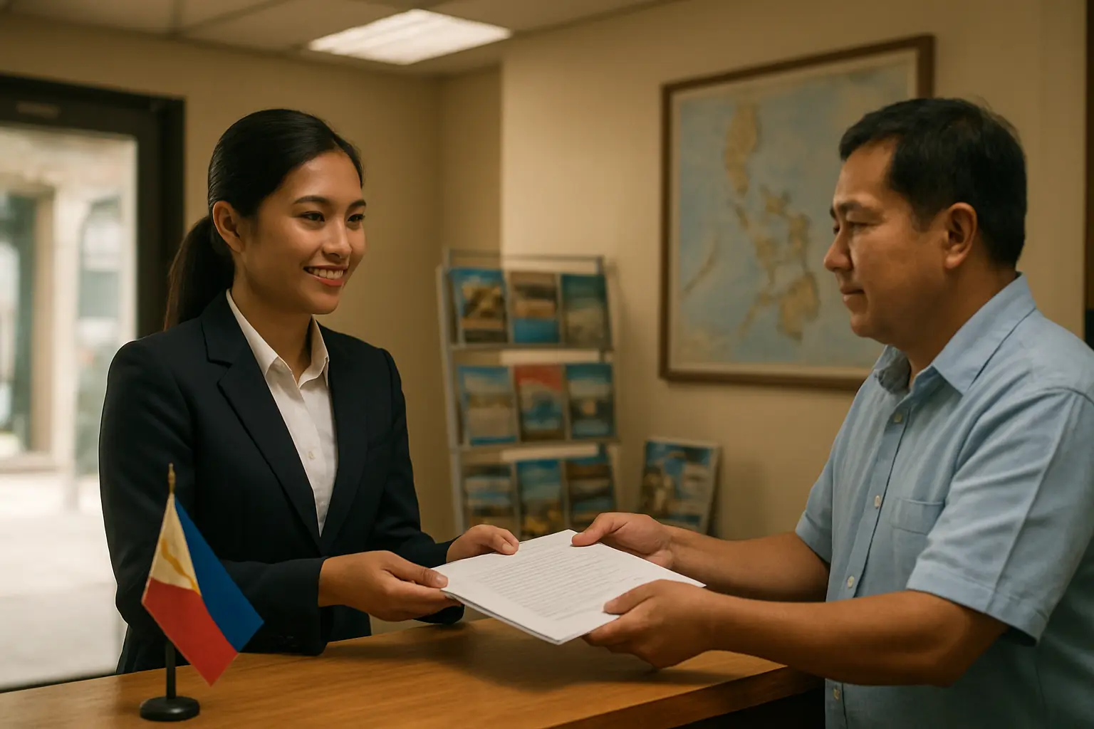 A Filipino hospitality student at a city tourism office counter receiving a printed visitor arrivals report from a staff member