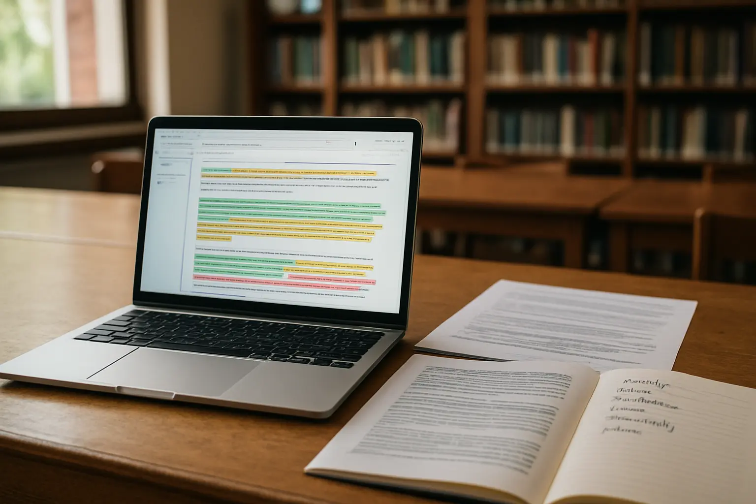A laptop showing coloured highlights across an interview transcript beside printed transcripts and a handwritten list of tags