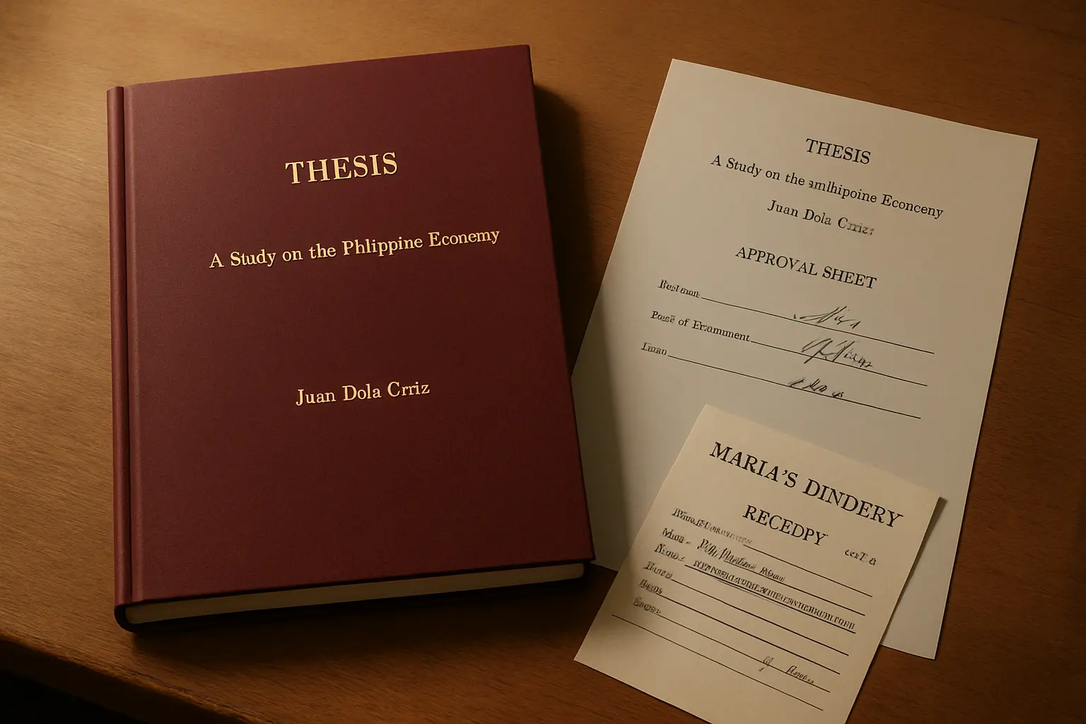 A hardbound thesis beside a signed approval sheet and a binding shop receipt