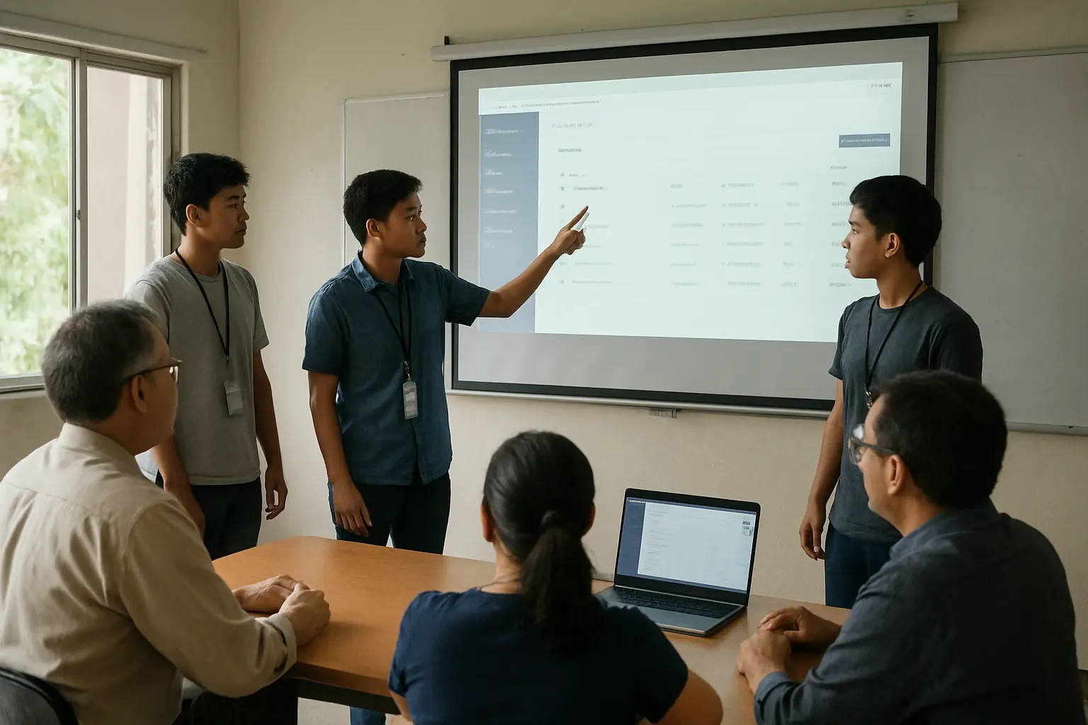 A capstone team demonstrating their software system to seated panelists on a projector screen