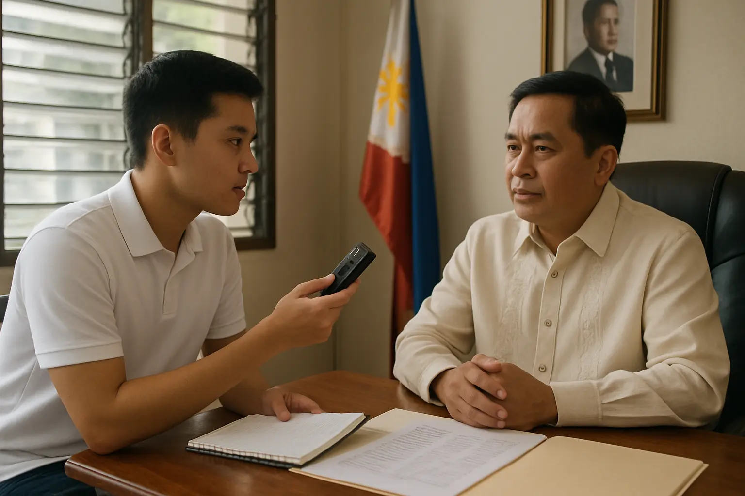 A Filipino political science student interviewing a municipal official at a desk in a Philippine town hall with printed budget documents between them