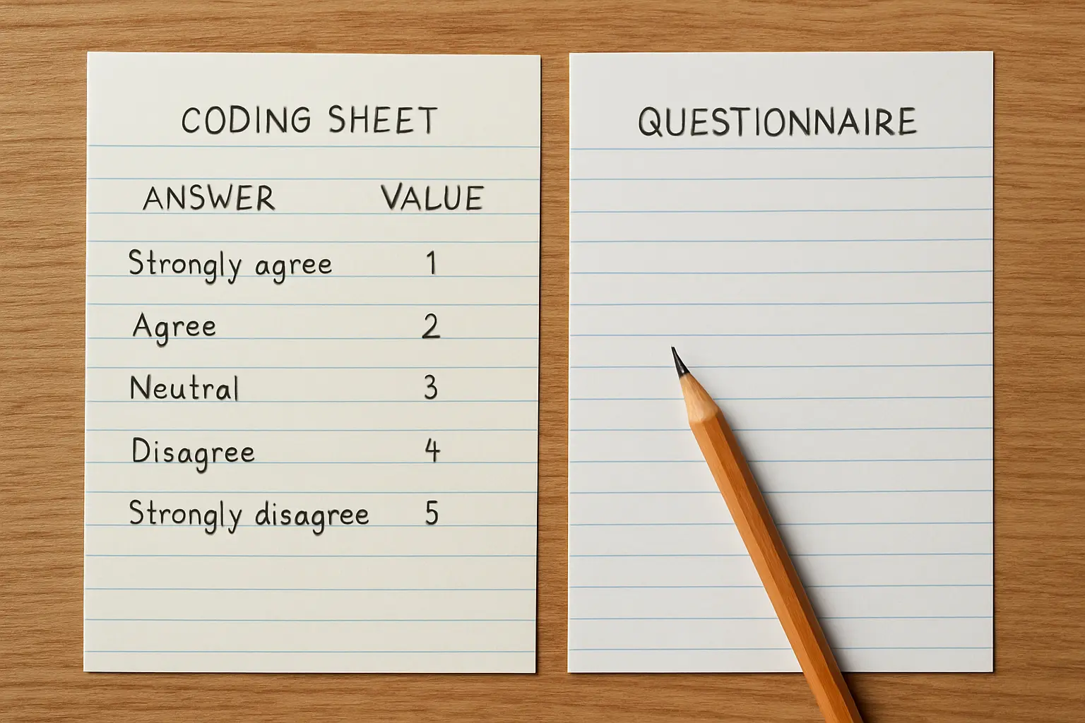 A handwritten coding sheet mapping questionnaire answer labels to numeric values