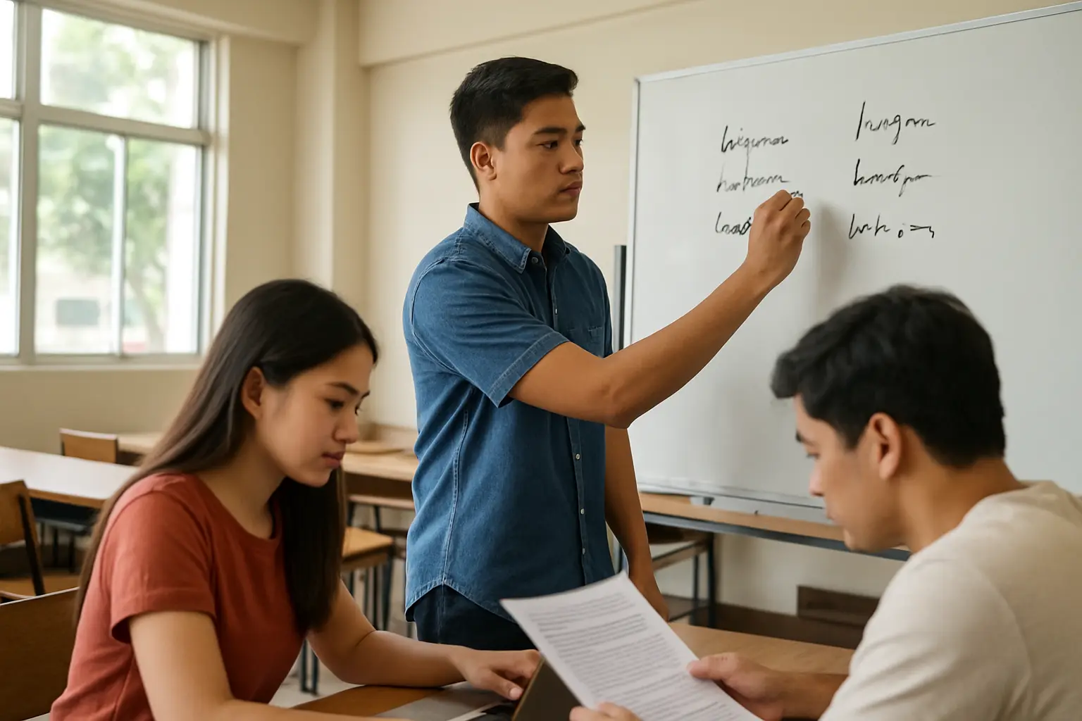 A BSBA student writing independent and dependent variables in two columns on a whiteboard while groupmates check the statement of the problem on a laptop