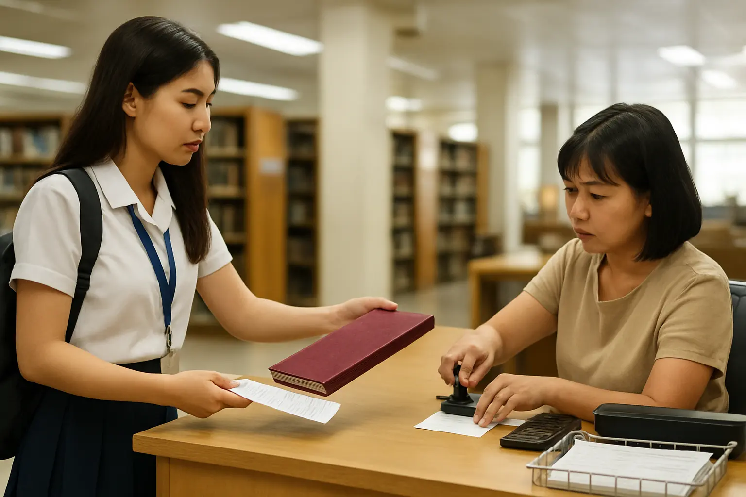 A student handing a hardbound thesis and a signed deposit form across a library counter