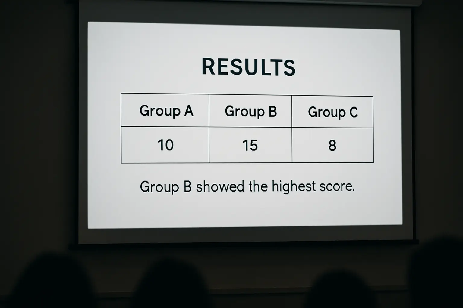 A projected thesis defense slide showing a single results table with one interpretation sentence beneath it