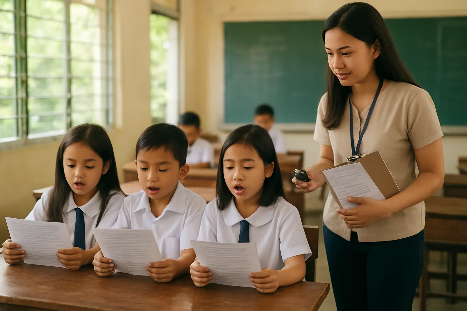 Grade 2 pupils reading aloud from worksheets while a Filipino student teacher records oral reading fluency on a checklist