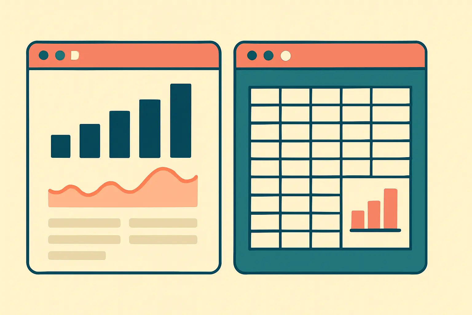 Flat vector illustration comparing a statistics application with a spreadsheet