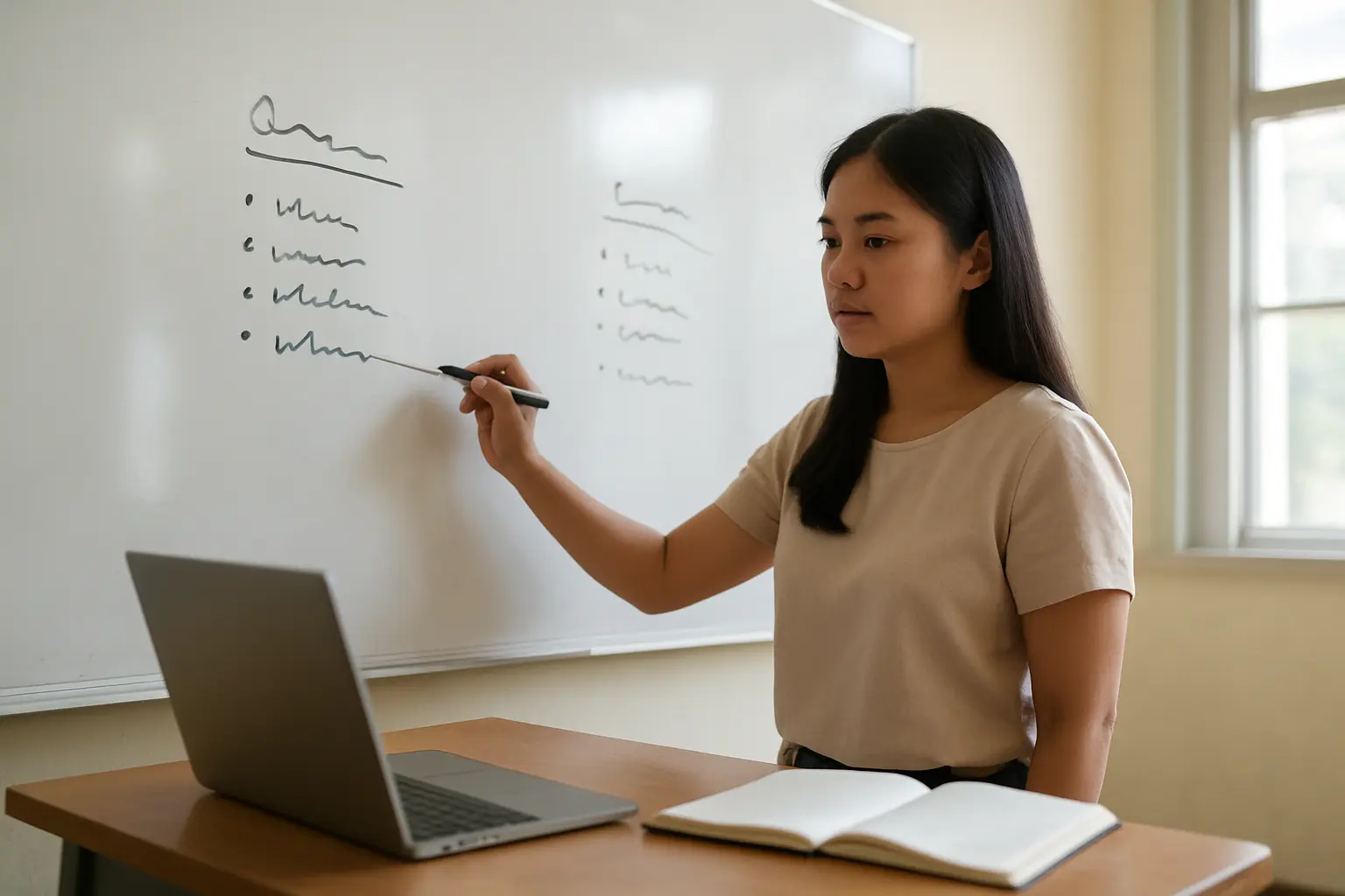 A Filipino education student drawing lines between a list of study variables and the components of a learning theory on a whiteboard