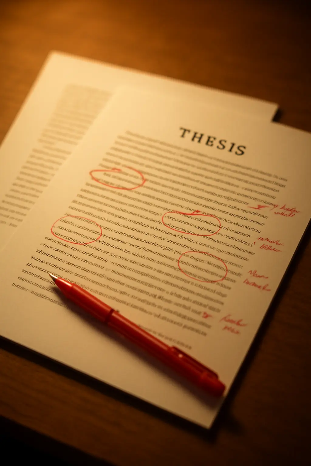 A printed thesis page with several ordinary phrases circled in red and short margin queries written beside them