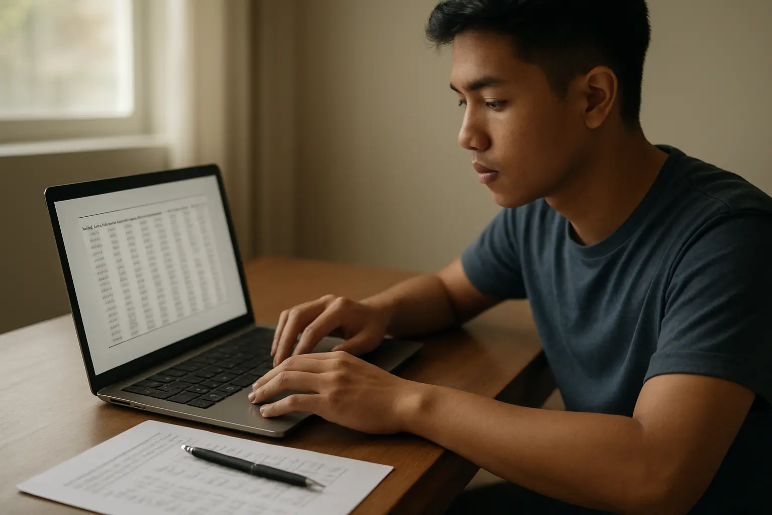 A Filipino student reading a reliability analysis output table on a laptop beside a printed standardized questionnaire