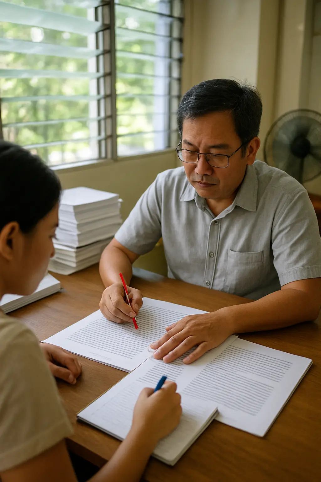 A thesis adviser circling a single word in a student's literature review and writing a query in the margin