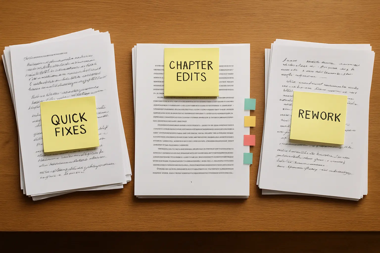 Panel corrections sorted by hand into three labelled piles beside a manuscript marked with sticky notes