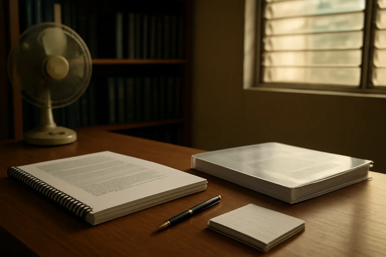 A spiral-bound thesis proposal beside the finished hardbound manuscript on the same desk