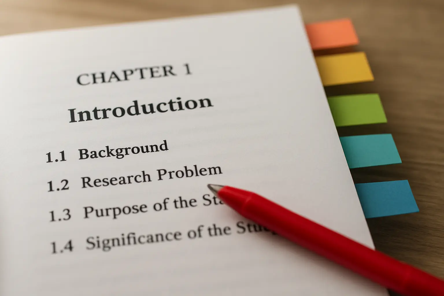 A printed thesis Chapter 1 with sticky tabs marking each section and a red pen across the page