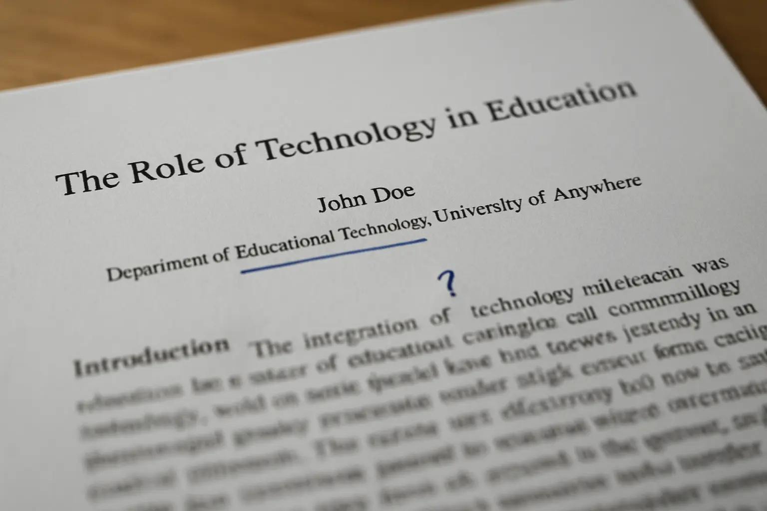 A printed journal article first page with the author affiliation line underlined in pen