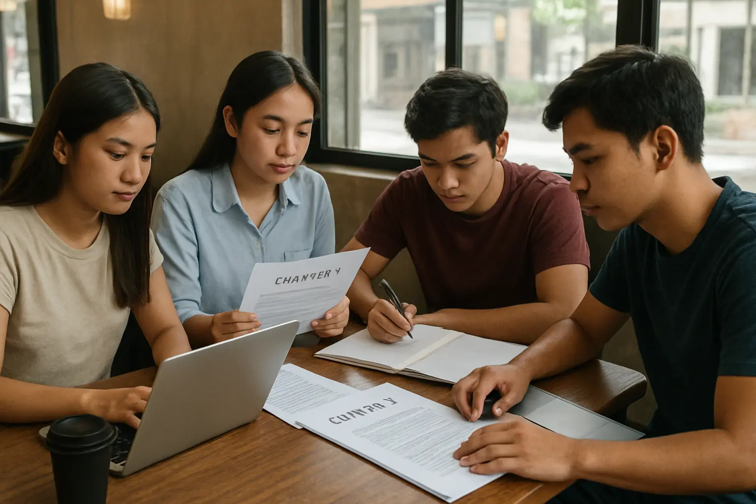 Four Filipino students dividing thesis chapters between them at a cafe table