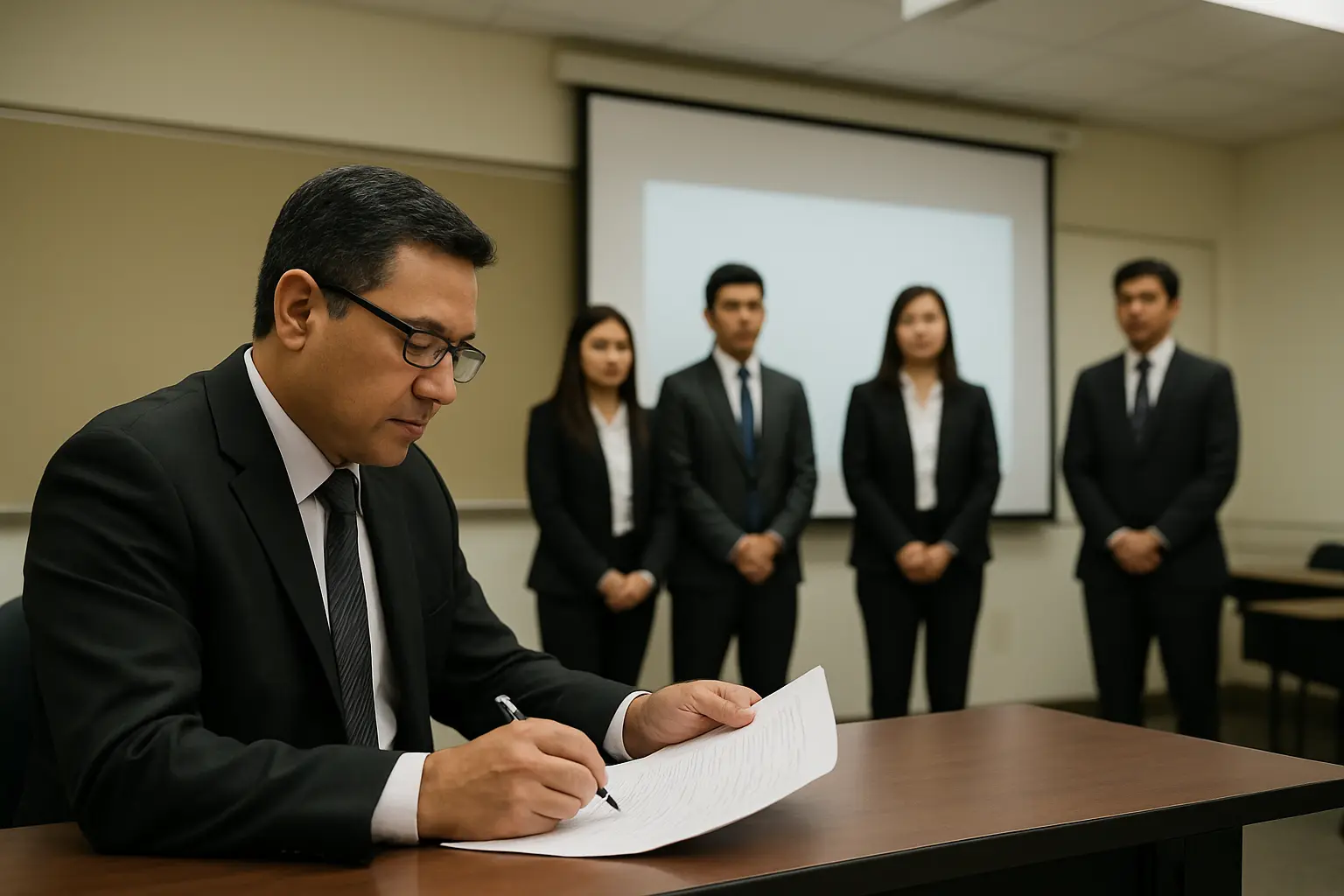 A thesis panel member at a title defense reading the numbered hypotheses page of a BSBA proposal while the group waits at the front of the room