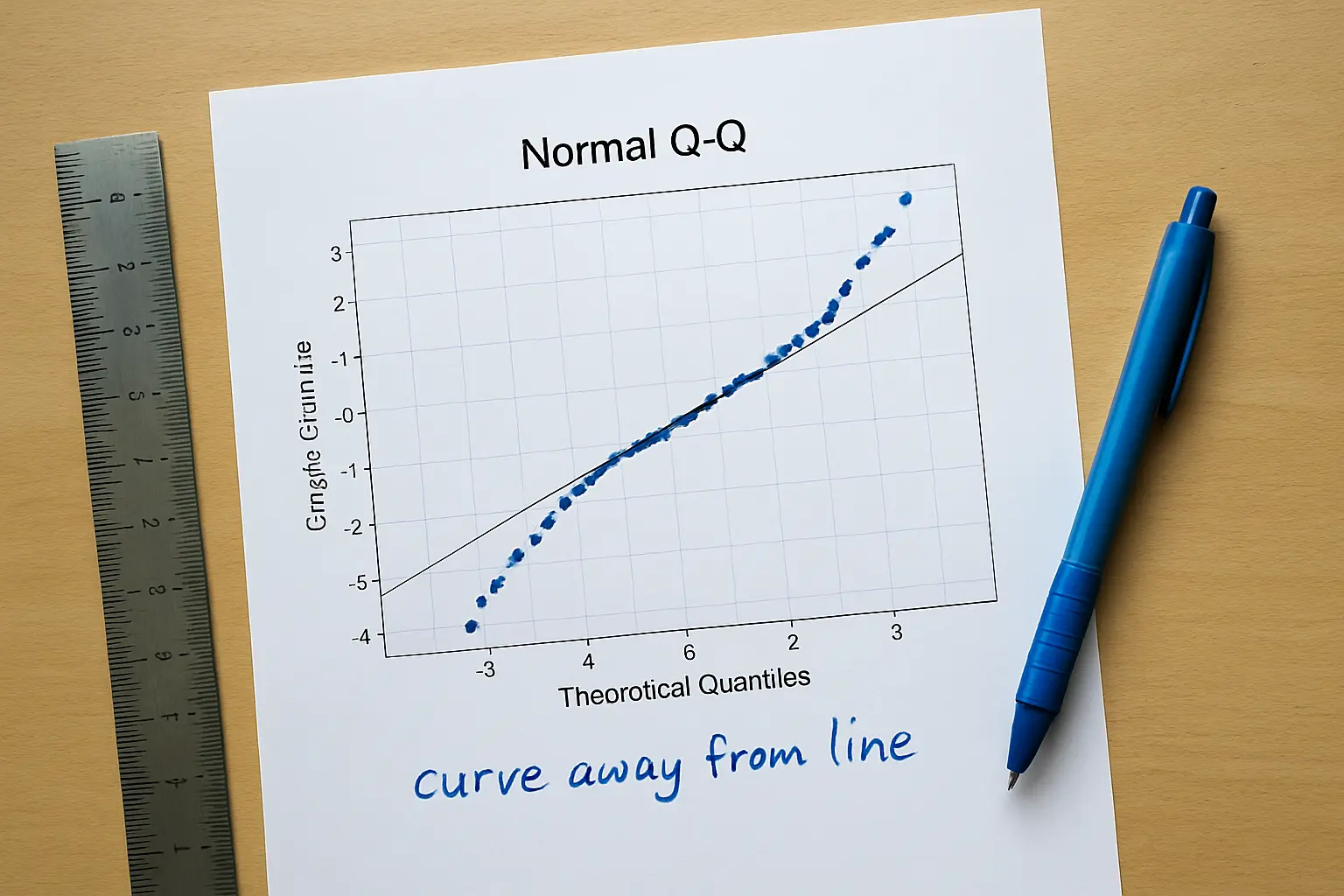 A printed normal Q-Q plot with points curving away from the diagonal line, annotated in pen