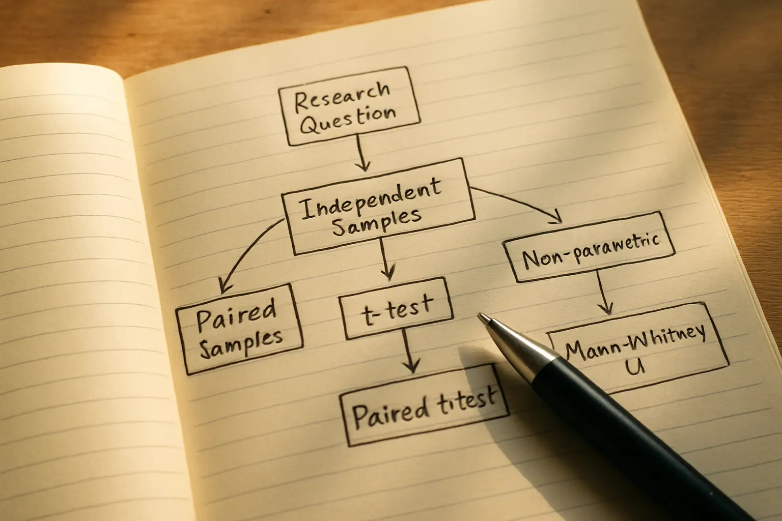 A handwritten branching chart matching research question types to statistical tests