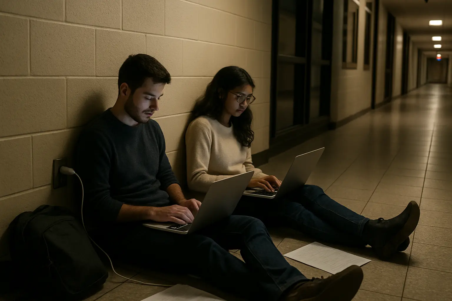 Students sitting in a university corridor at night working on laptops near a wall socket using campus wifi