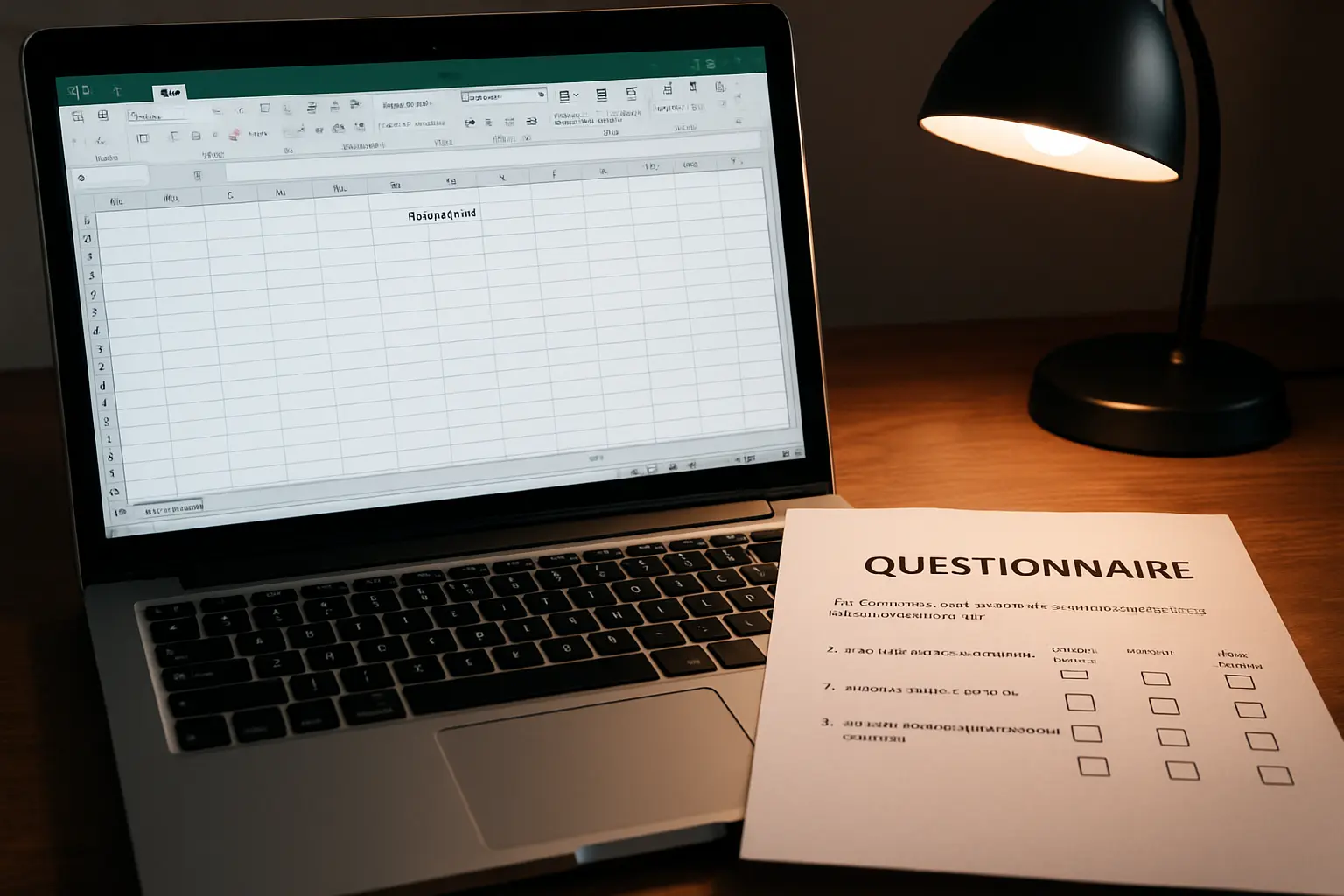 A spreadsheet of survey responses with scattered empty cells beside a printed questionnaire with an unanswered page