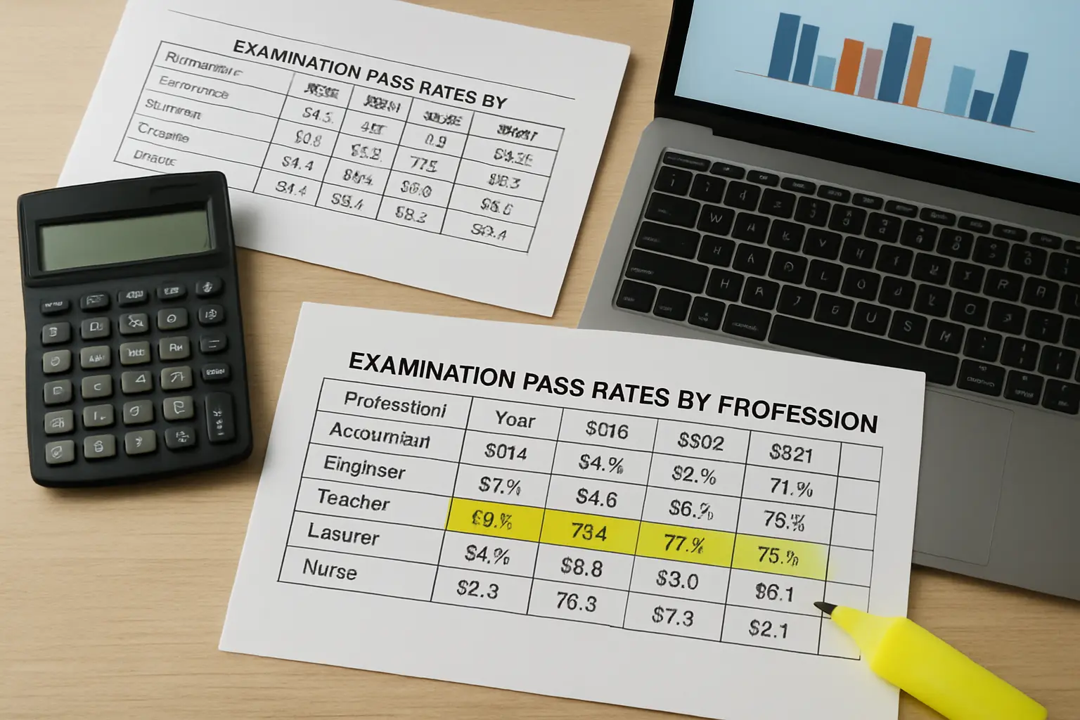 Printed tables of examination pass rates with one row highlighted beside a laptop showing a bar chart