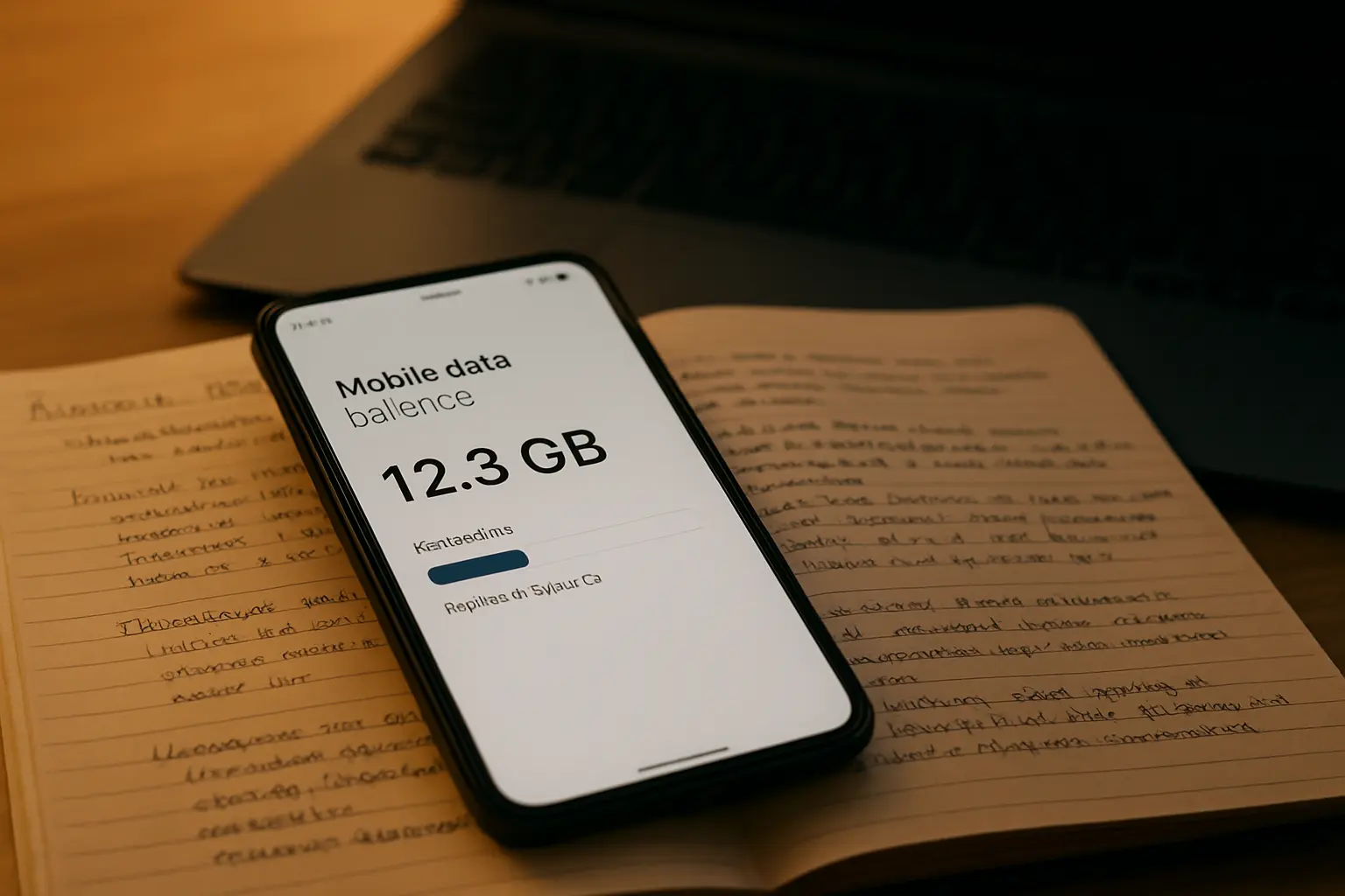 A smartphone showing a mobile data balance resting on an open notebook of research notes