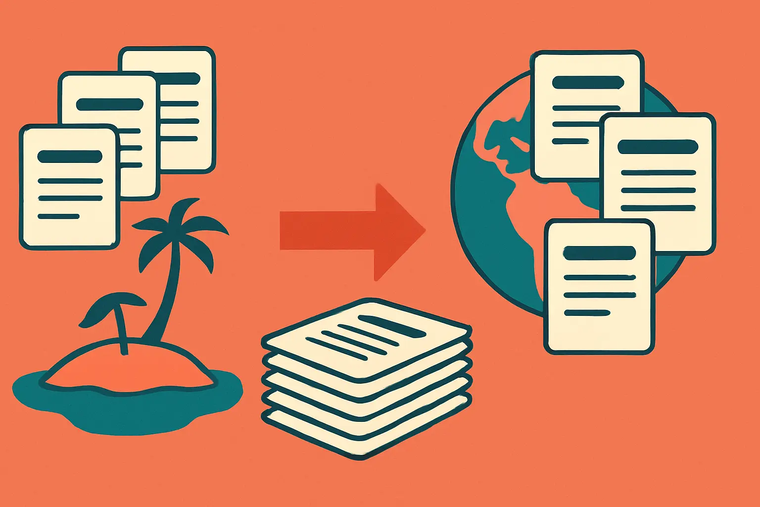Flat vector illustration contrasting local and foreign sources in a literature review