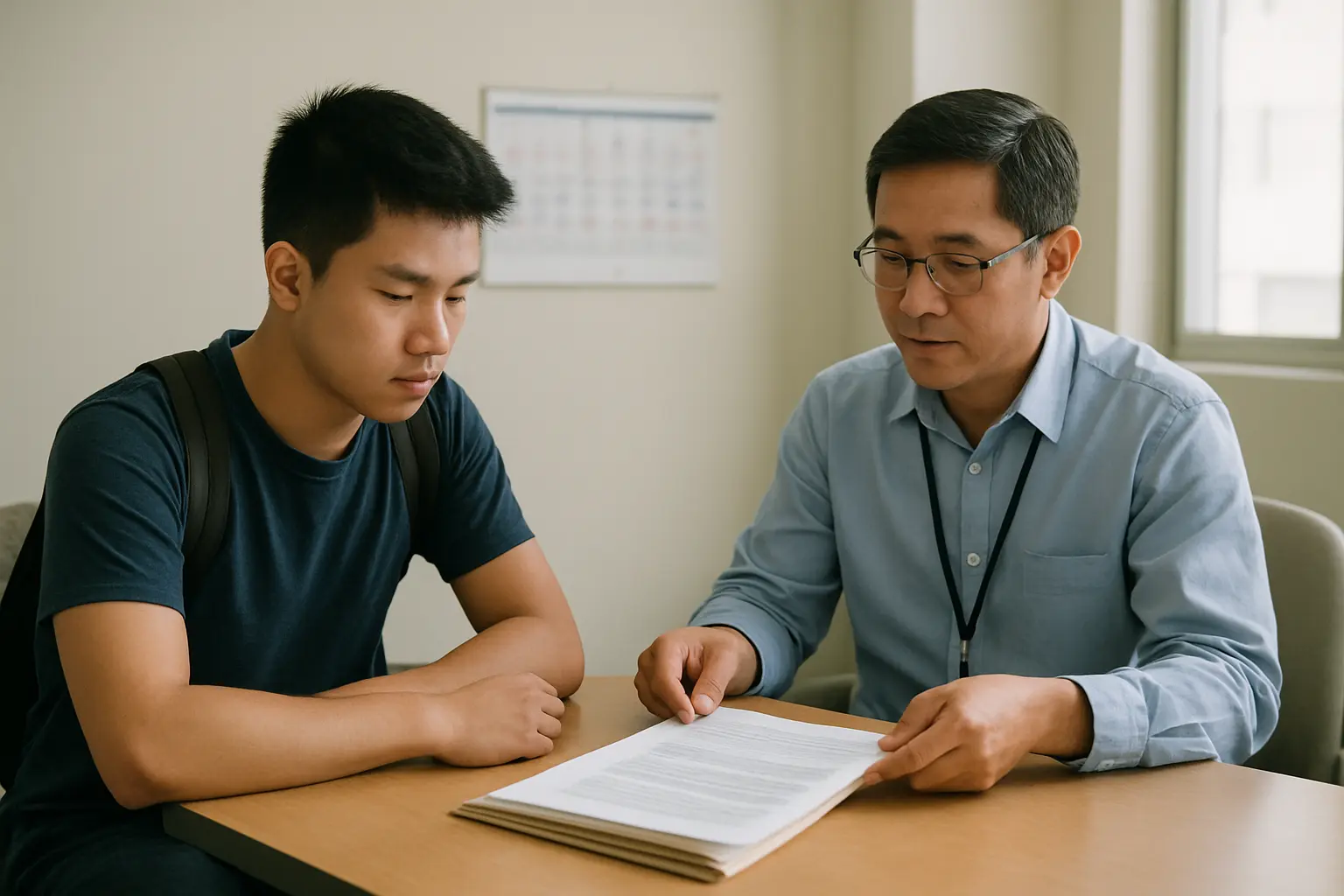 A student meeting a new thesis adviser for the first time with a folder of documents open between them