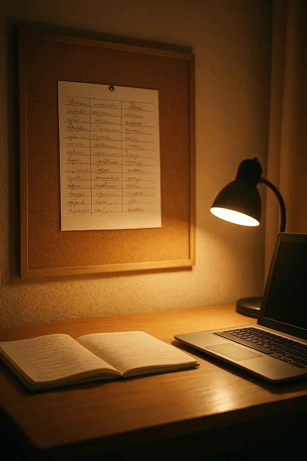 A handwritten verb bank divided into three columns pinned above a student's study desk