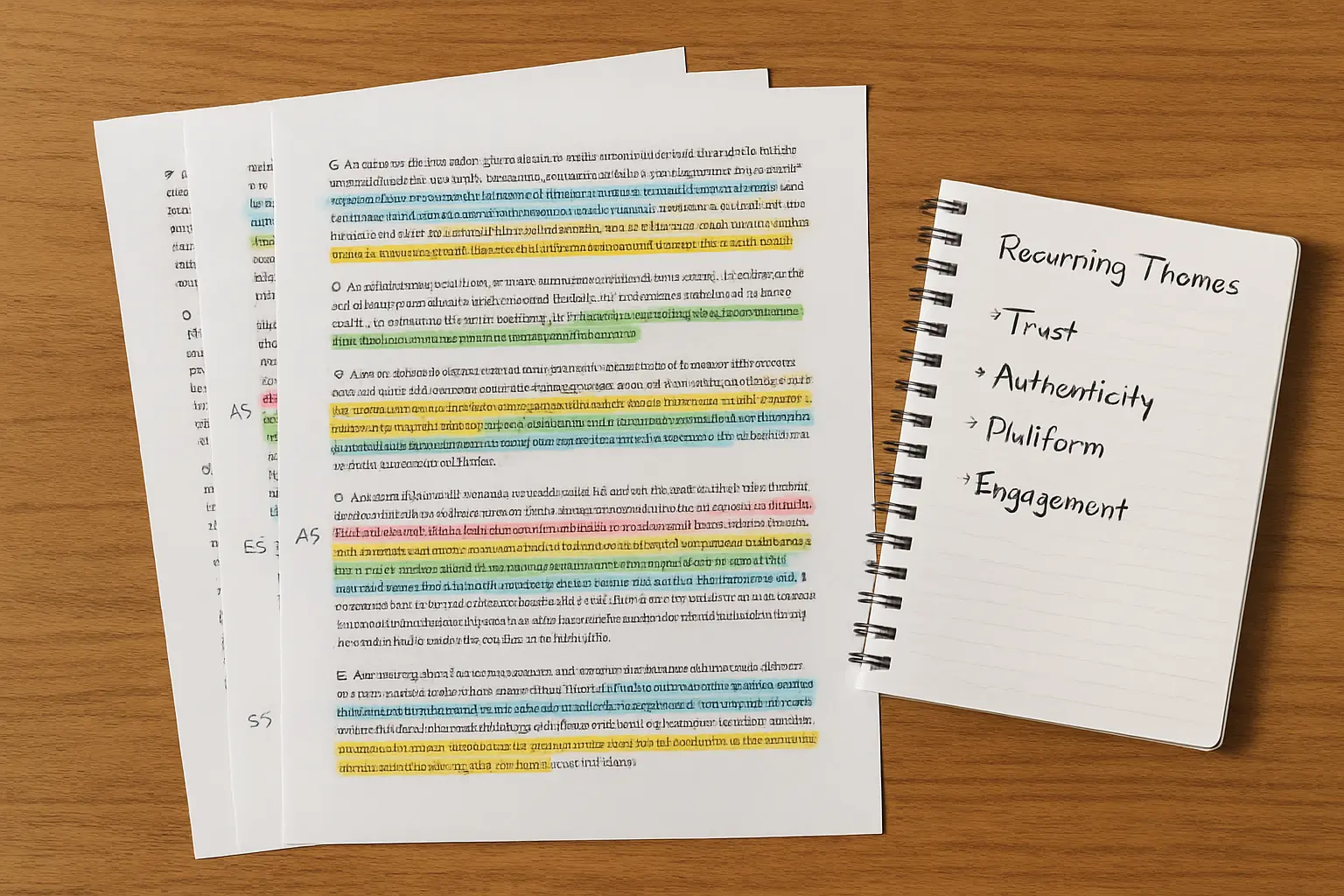 Printed interview transcripts with colour-highlighted passages and handwritten code labels in the margins beside a list of recurring themes