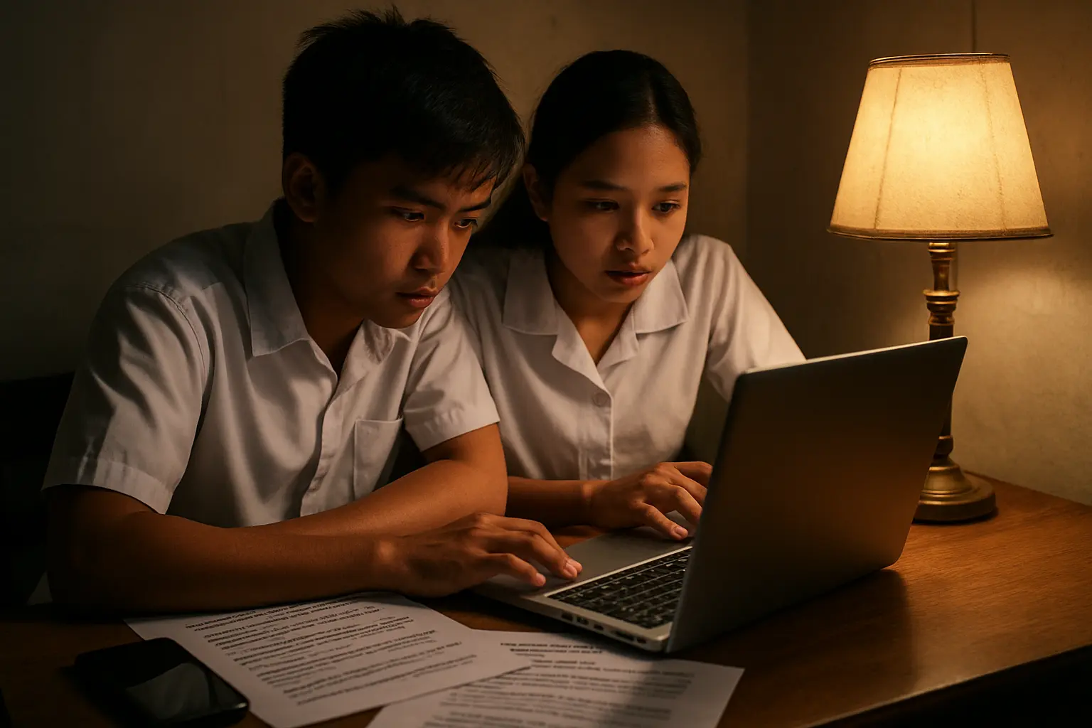 Two students coding transcripts on one laptop offline with a phone showing no signal beside them