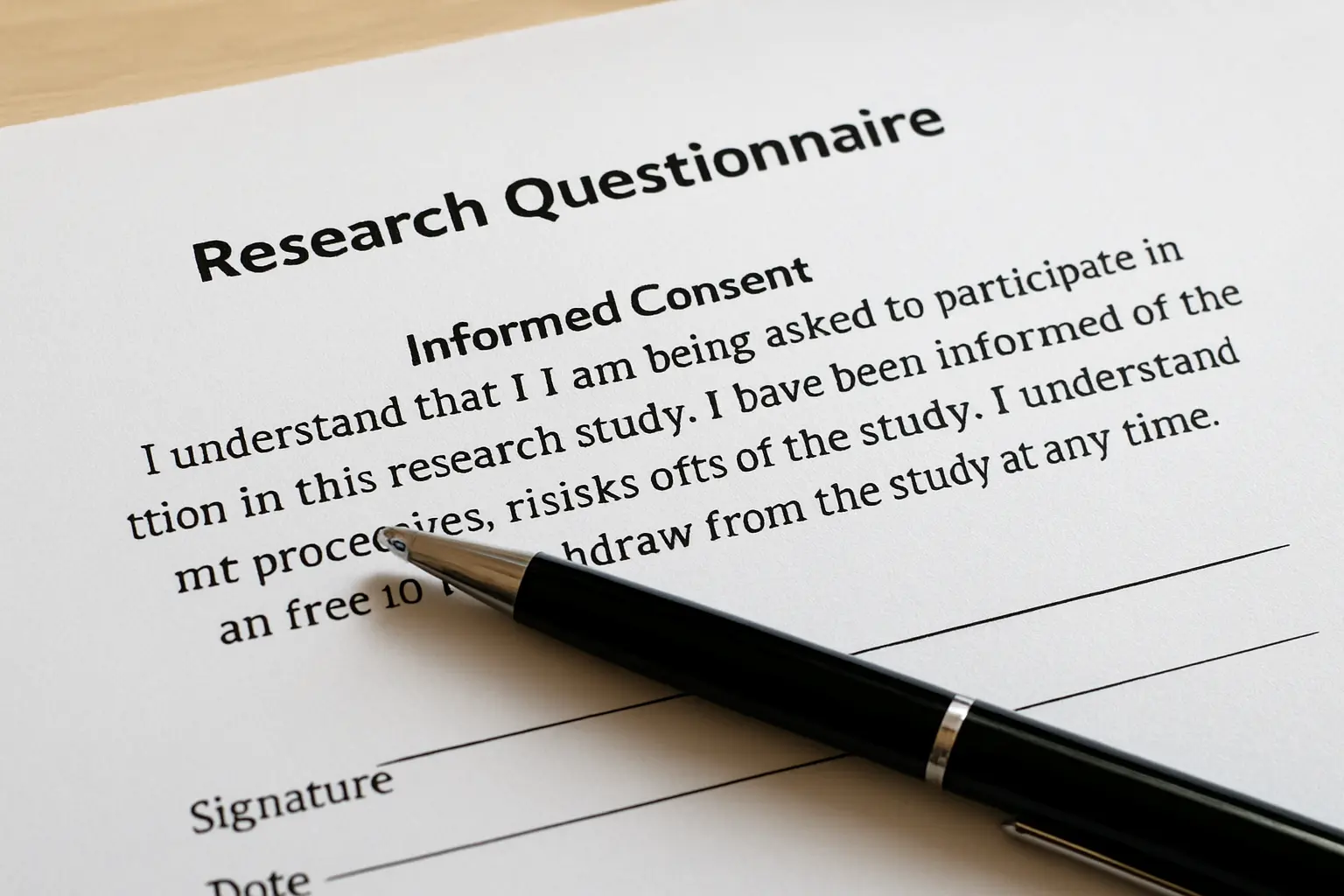 A printed consent statement at the top of a research questionnaire with a signature line