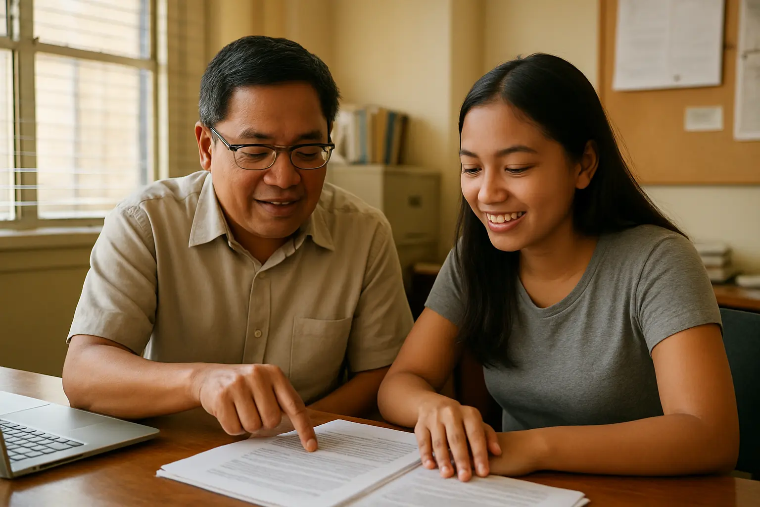 A Filipino thesis adviser and student working through a printed manuscript together in a university office