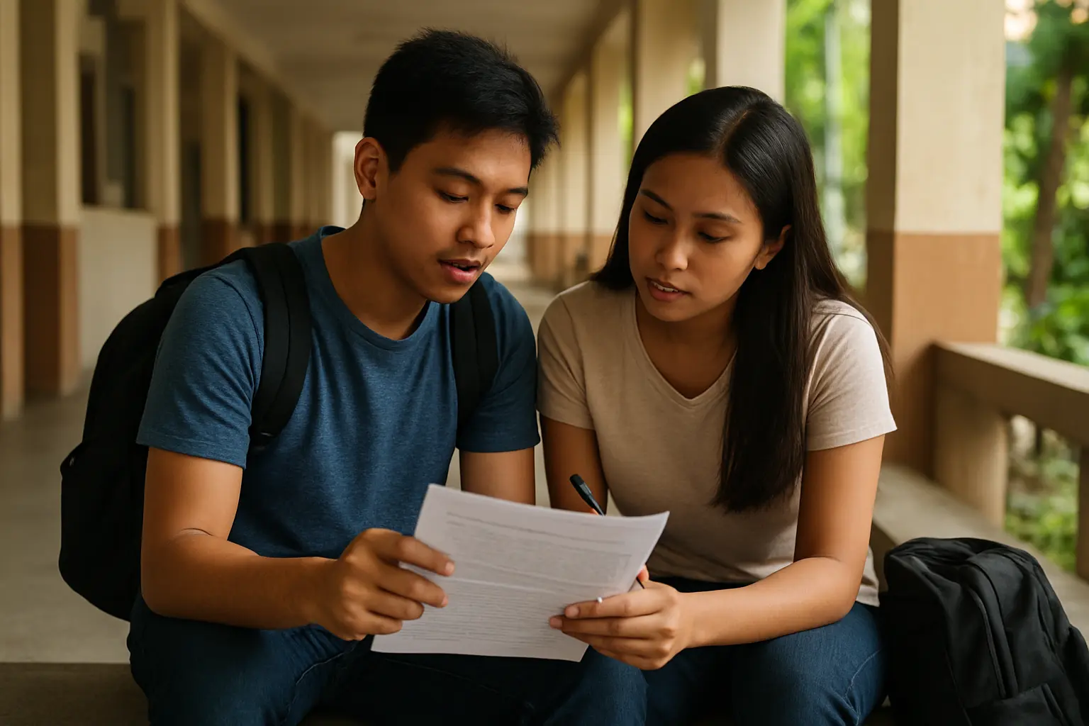 A student reading a printed thesis abstract aloud while a groupmate follows the same page