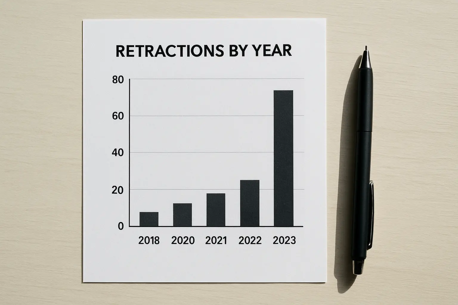 A printed bar chart of retractions by year in which the 2023 bar is far taller than every other year