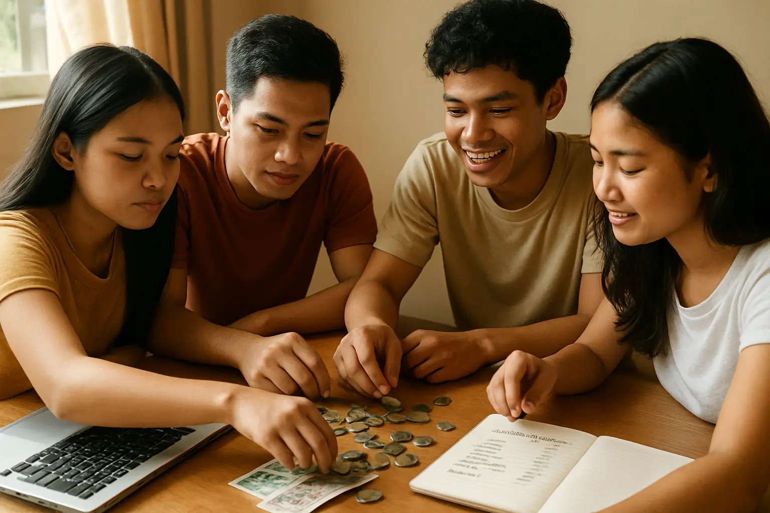 Filipino students pooling money on a table beside a laptop with a shared expense list